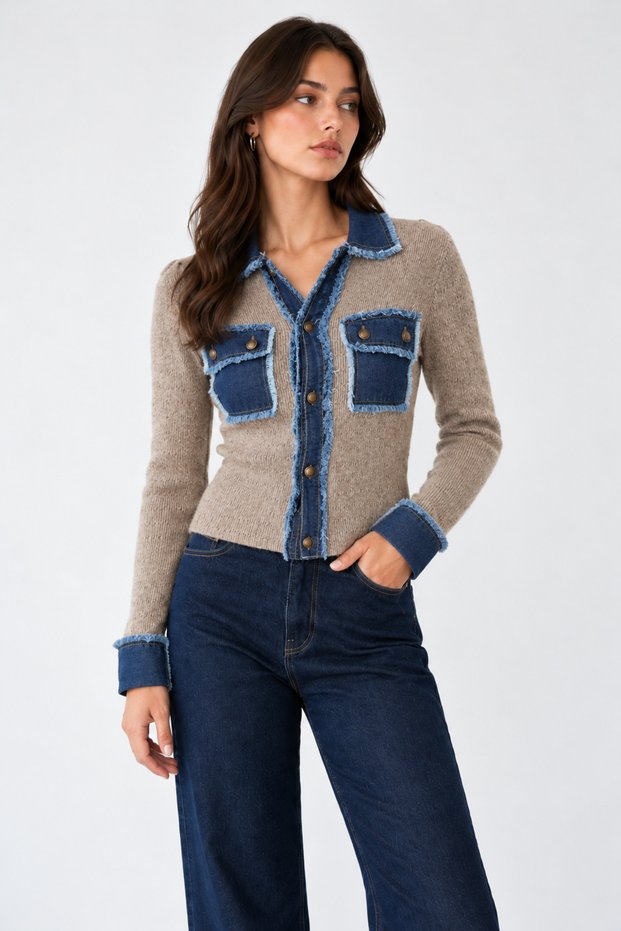 Women's Buttoned Denim Detailed Wool Knitwear Cardigan