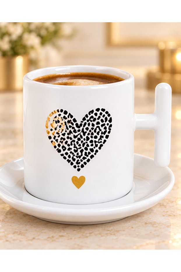 Coffee Cup with Black Dotted Heart and Gold Heart Detail