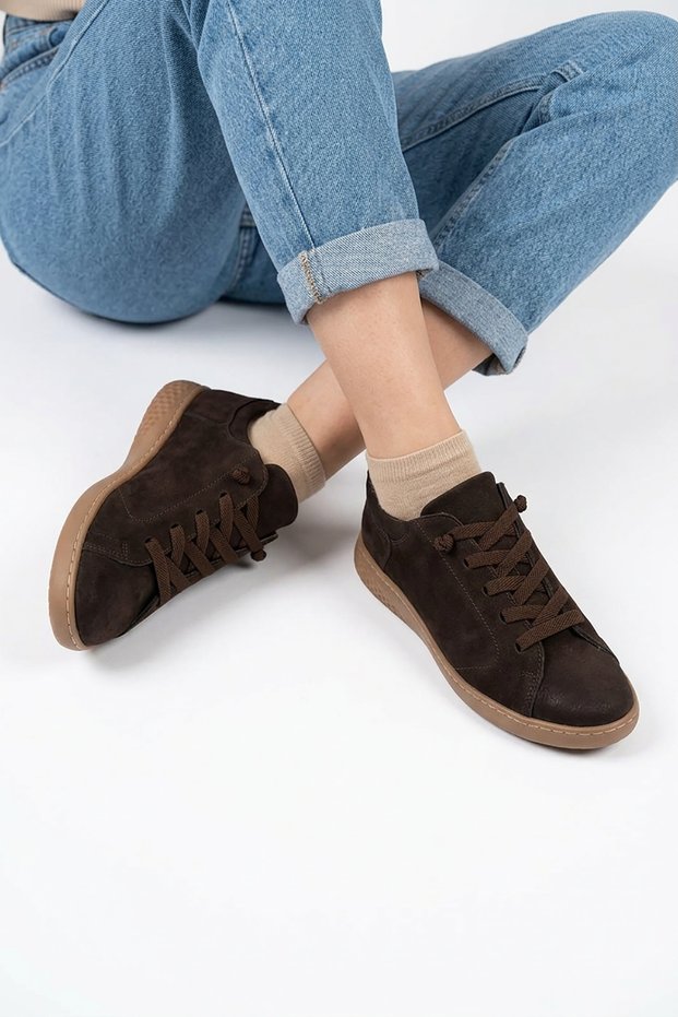 Toles Rubber Bonded Sole Stitched Genuine Leather Women's Sports Shoes Brown Nubuck