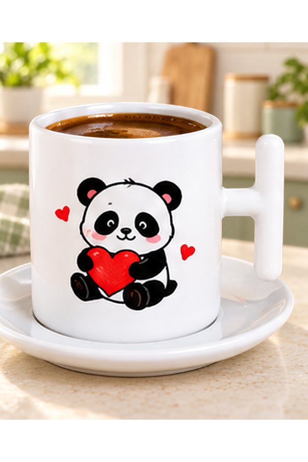 Cute Turkish Coffee Cup with Heart Panda Figure