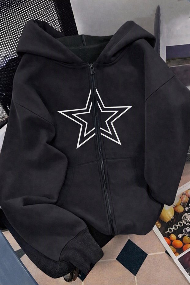 Star Printed Hooded Zippered Black Unisex Sweatshirt Cardigan