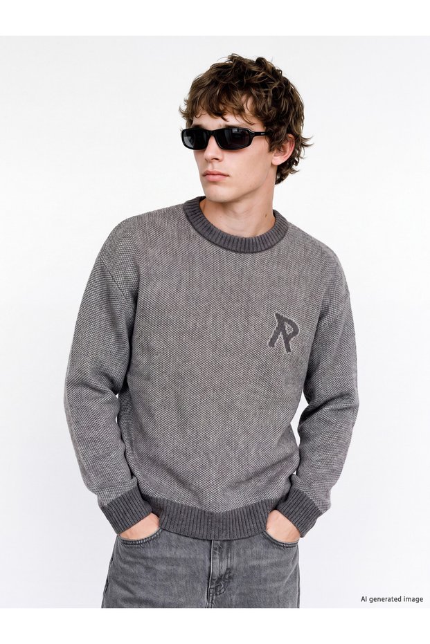 Özmarka New Season Gray Crew Neck Embroidered Men's Sweater