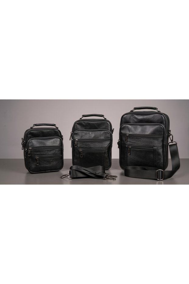 Black Genuine Leather Men's Hand and Shoulder Bag Set of 3 with Removable and Adjustable Strap
