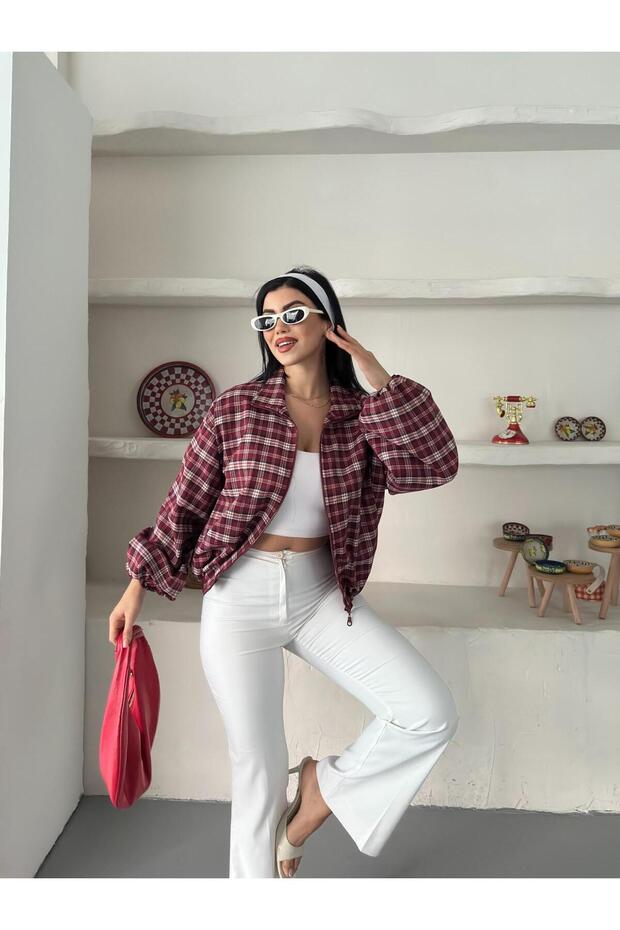 Women's Plaid Zippered Bomber Jacket