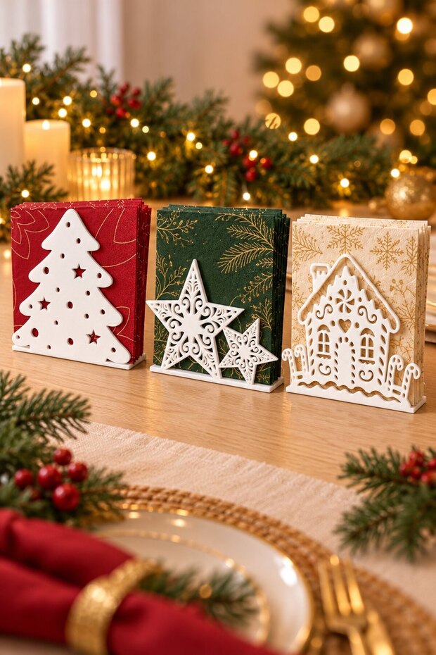 New Year's Themed Set of 3 Decorative Napkin Holders, with Pine Tree, Star and House Figures, 3D Printing