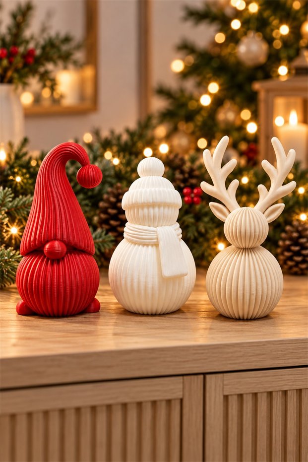 3-Piece Christmas Ornament Set Dwarf, Snowman and Deer Figure 3D Printing