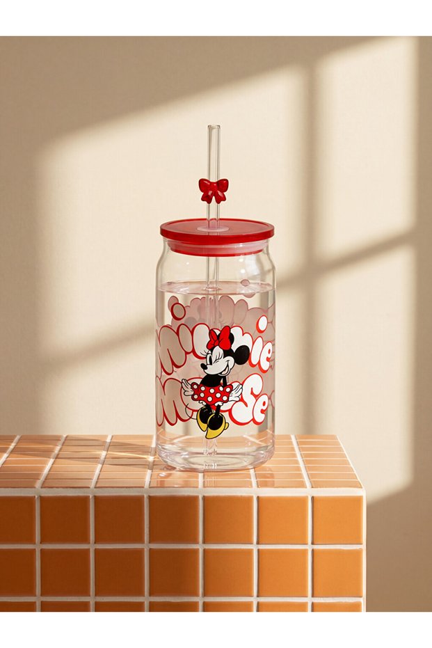 Esvab • Modern & Distinctive Cute Mouse Printed Glass Cup with Straw 480 ml