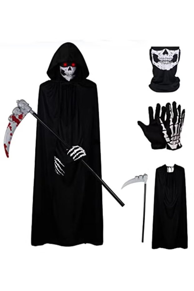 Cosplay Costume Set for Kids, Halloween Costume with Black Hooded Cloak, Skull Face Mask, Skeleton Hand Gloves, Glowing Glasses and Scythe, Horror Dress Up Prop for Halloween Party Escape Room