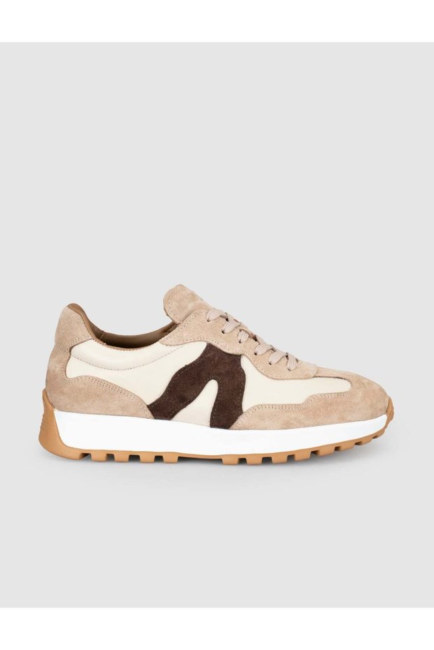 Genuine Leather Beige Brown Detailed Women's Sneaker Shoes