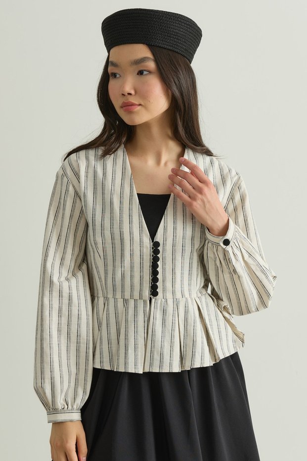 Pleated Top Buttoned Self-Striped Linen Blouse