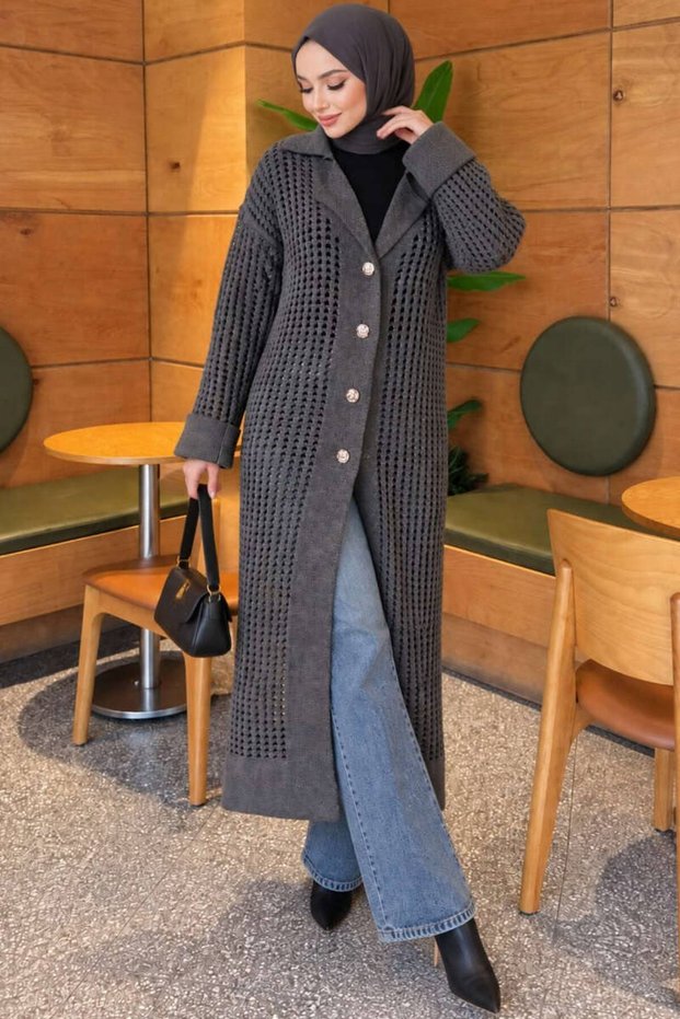 Openwork Long Knitwear Women's Cardigan