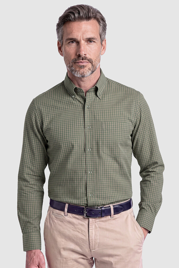 Green Plaid Patterned Buttoned Collar Men's Shirt
