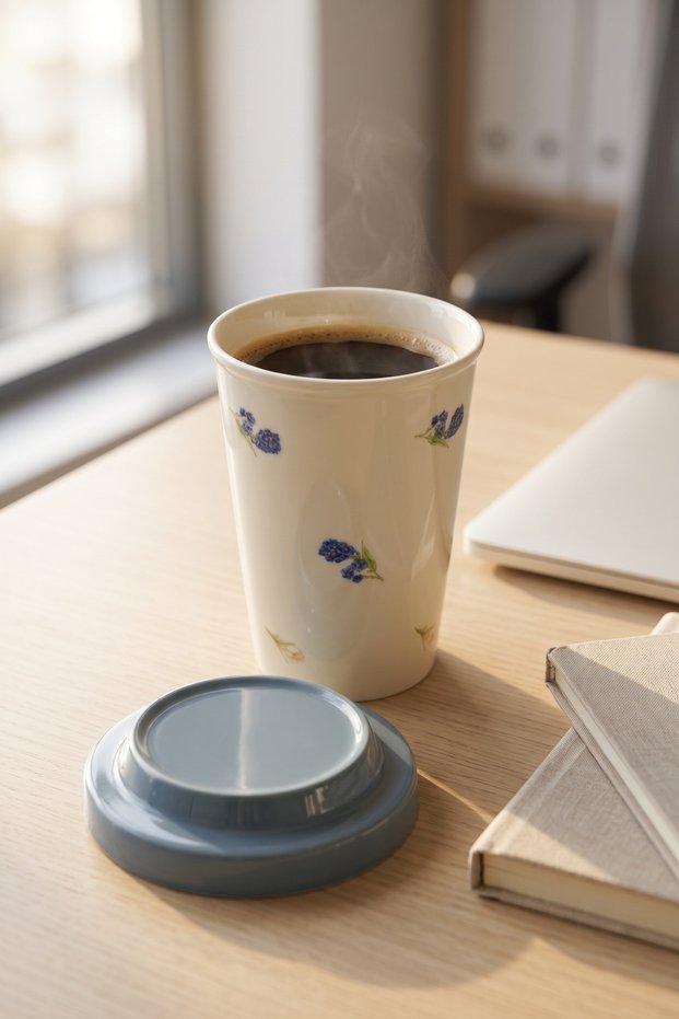 Silk Petal Porcelain Mug with Lid Blue - 370 ml