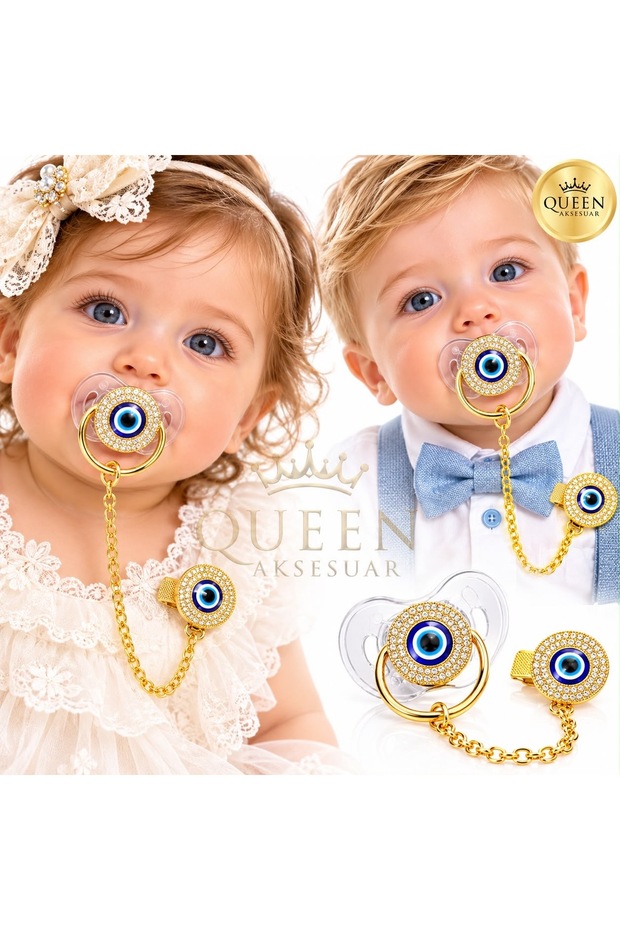 Baby Girl Luxury Design Royal Queen Crown Stoned Pacifier and Chain Set Gold Gold Black