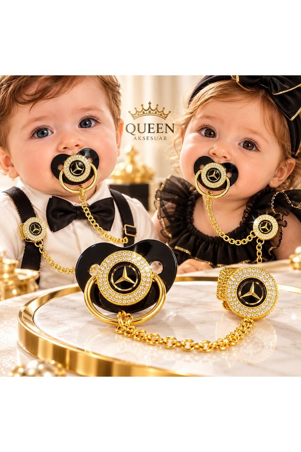 Girl and Boy Baby Luxury Design Royal Black Mercedes Stone Pacifier and Chain Set Gold Gold