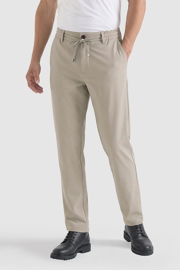 Beige Lace-Up Relaxed Fit Men's Trousers