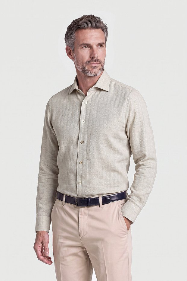 Beige Herringbone Patterned Long Sleeve Men's Shirt