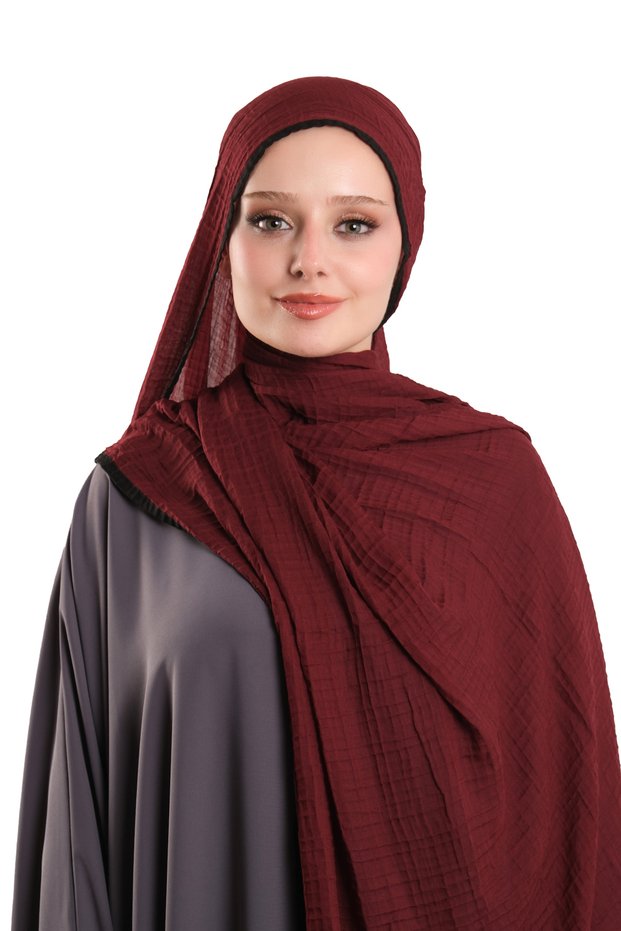 Burgundy Muslin Shawl with Piping, Breathable Cotton Textured Crinkle 202139_16