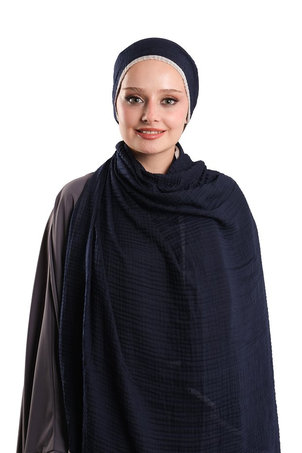 Navy Blue Muslin Shawl with Ribbed Edges, Breathable Cottony Texture, Crinkle 202139_02