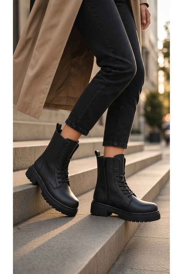 Women's Zippered Lace-Up Boots |   Thick Soled Daily Winter Boots | Black