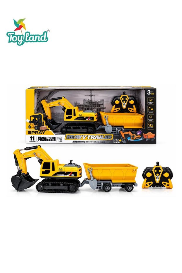 Heavy Trailer 1:22 Scale 11 Channel RC Excavator and Dump Truck Construction Vehicle Toy Set with 360° Rotation, Spray, LED Lights, Sound Effects, Remote Control Engineering Toys for Kids Ages 3+