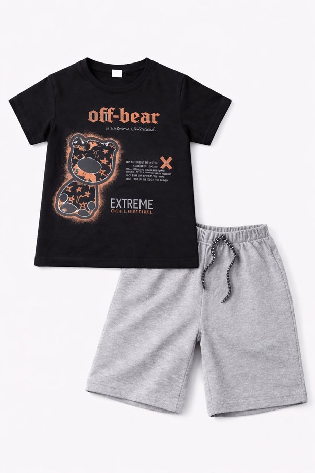 Teddy Bear Printed Boys' Shorts Set - 183 - Black & Gray