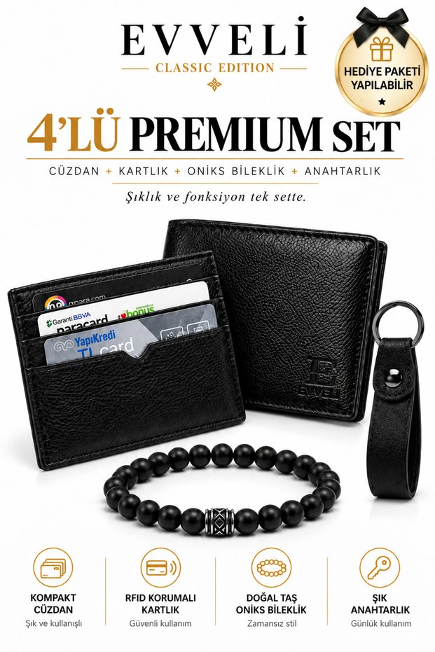 4-Piece Men's Black Wallet, Premium Card Holder, Natural Onyx Bracelet and Keychain Gift Set