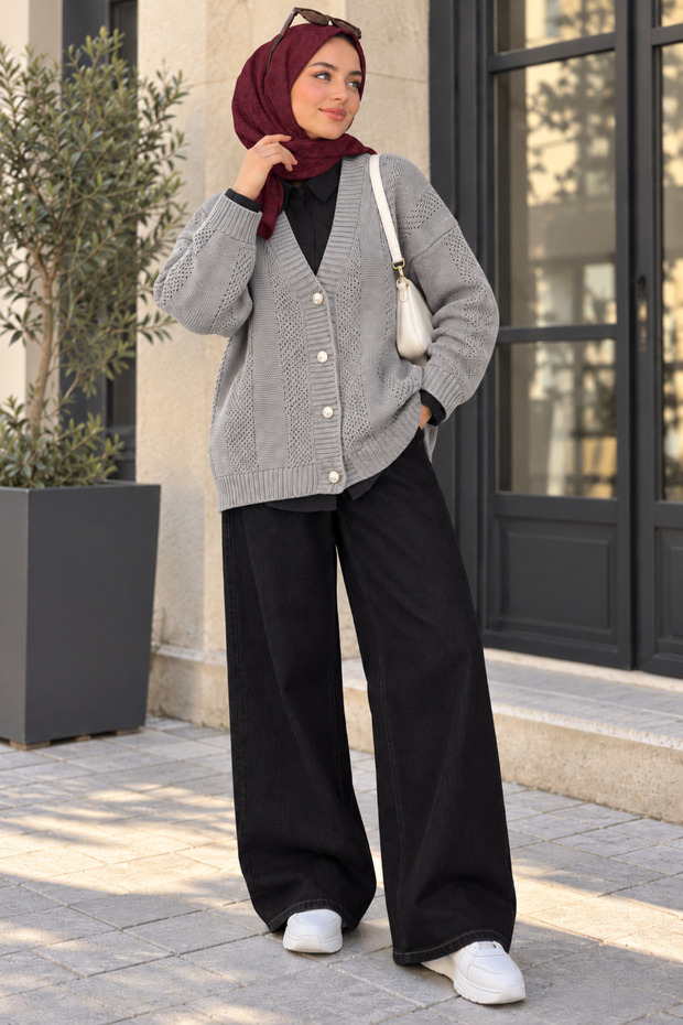 Knitted Patterned Buttoned Knitwear Cardigan Gray
