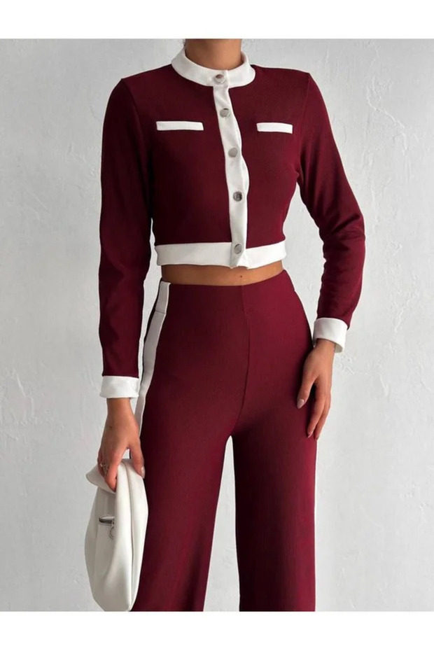 Women's Ottoman Garnished Buttoned Spanish Leg Trousers Set