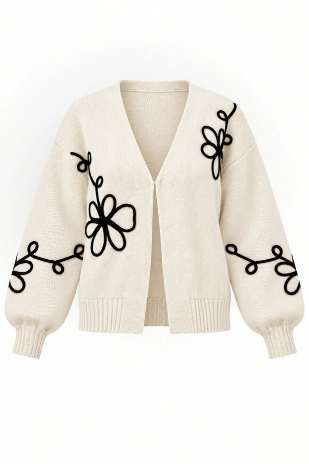 Women's Cream Black Floral Embroidered Cardigan