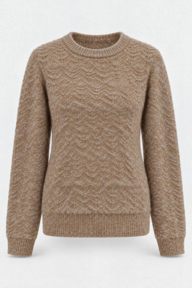 Women's Brown Knitted Patterned Soft Textured Soft Touch Knitwear Sweater