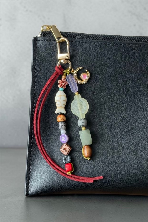 Good Luck Aventurine Natural Stone with Fish and Opal Moon Figure Bag Charm Keychain