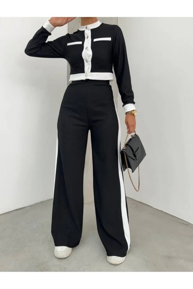 Women's Ottoman Garnished Buttoned Spanish Leg Trousers Set