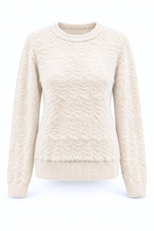 Women's Ecru Melange Knitted Patterned Soft Textured Soft Touch Knitwear