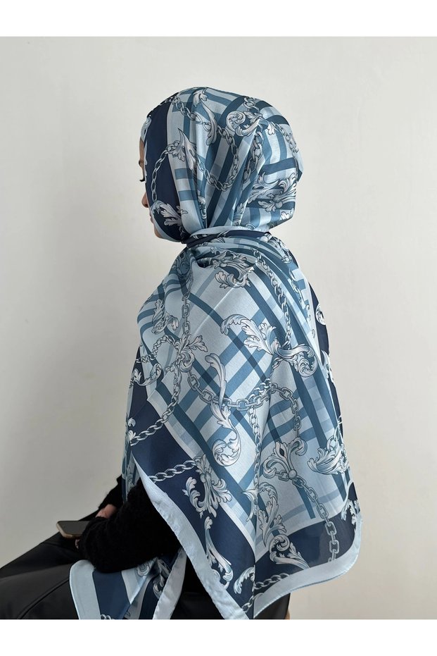 Plaid Pattern Janjan Shawl - Navy Blue & Baby Blue