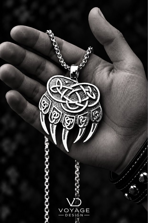 Stainless Steel Viking Celtic Knot Patterned Bear Claw Men's Necklace