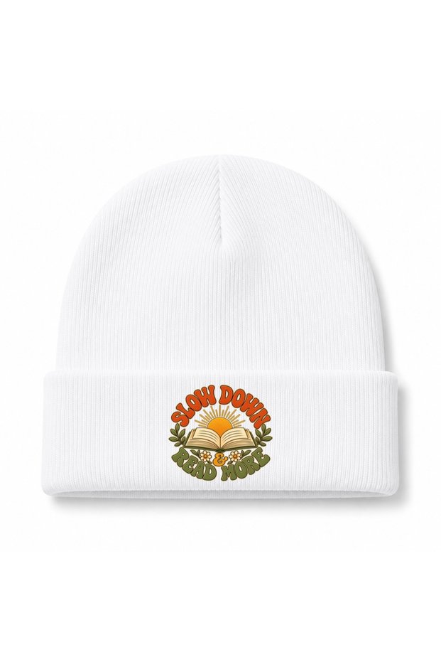Slow down & Read More – Retro Sunrise Book Lover Graphic Beanie