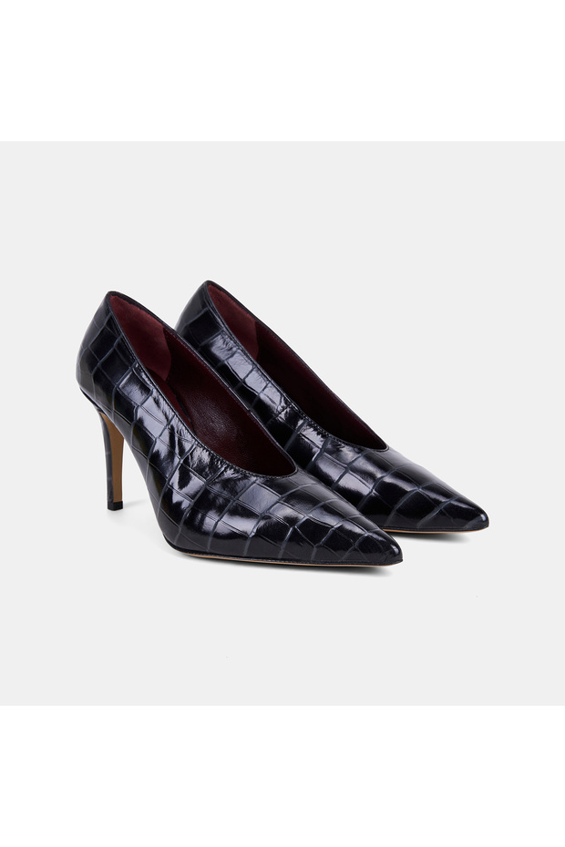 Women's Black Crocodile Printed Pointed Toe Leather Stiletto