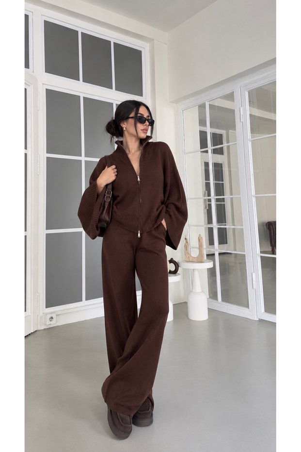 Bat Sleeve Zippered Knitwear Set