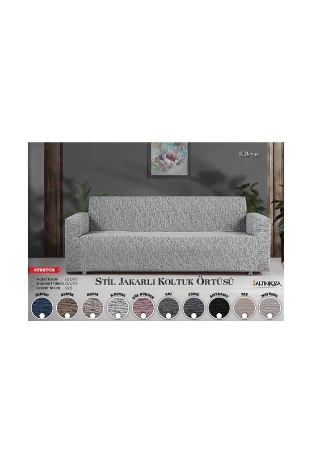 Altınkoza Still Jacquard Stretch Maxi Sofa Cover / Modern / Luxury / 1St Quality (3+3+1+1) - White