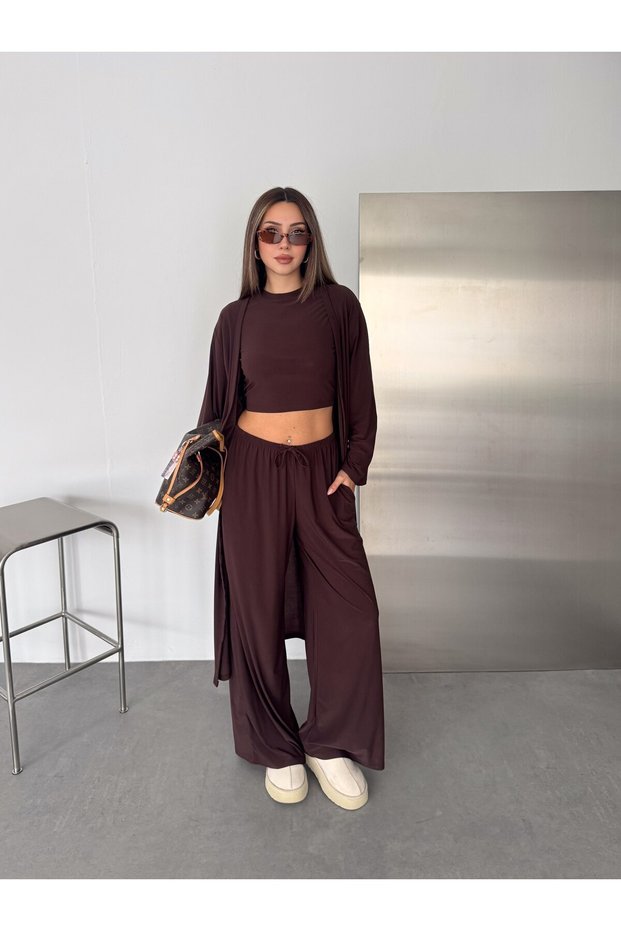 Women's Sandy Fabric Cardigan Crop Blouse Wide Leg Pants Three-Piece Set