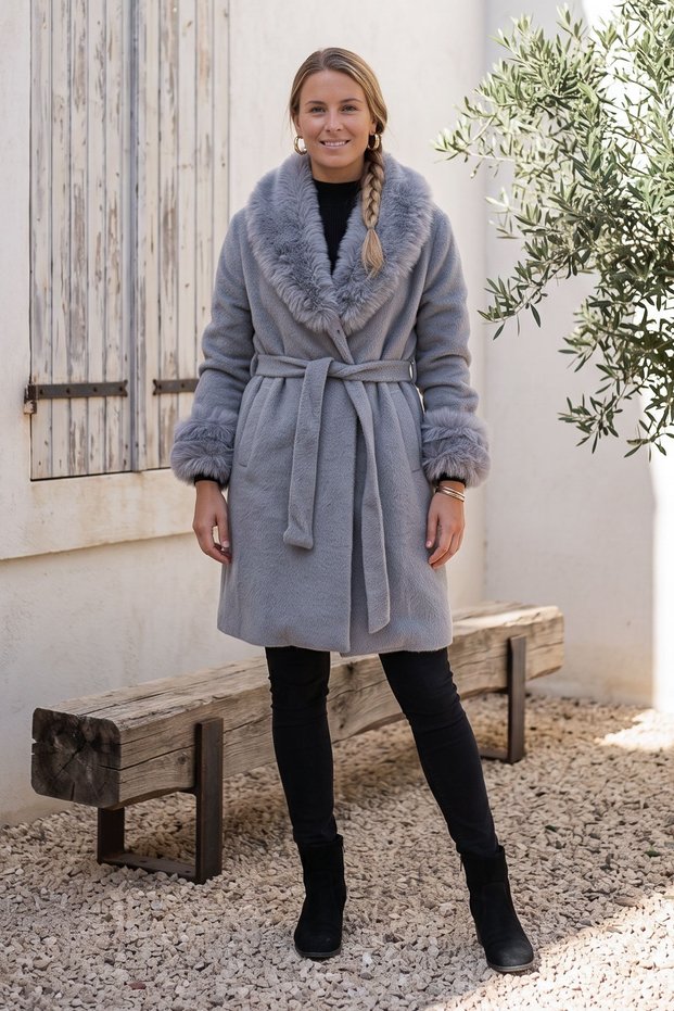 Italian Gray Jacket Collar Long Sleeve Snap Fastener Detachable Fur Collar Wool Oversize Knitwear Coat 90 66