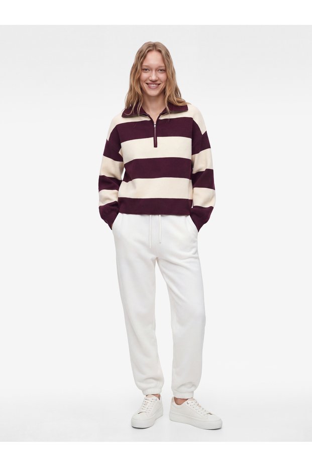 Viscose Blended Long Sleeve Half Zipper Striped High Collar Knitwear Sweater
