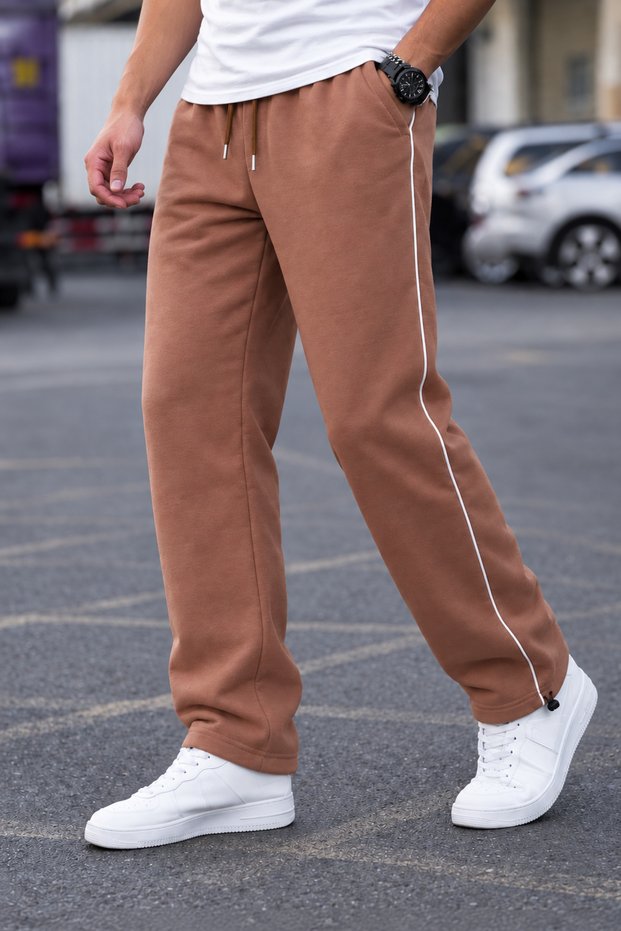 Men's Baggy 3-Ply Piped Full-Length Cuff Adjustable Hem with Stoppers Soft Fabric Brown sweatpants