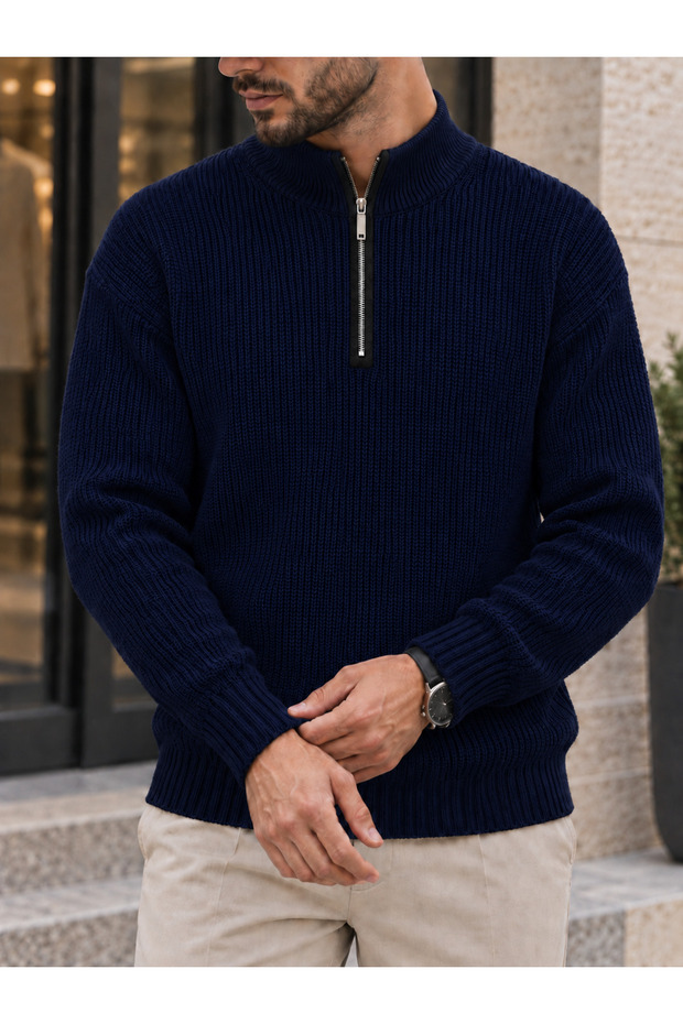 Men's Reverse Knit Zippered Collar Thick Sweater Knitwear Navy Blue