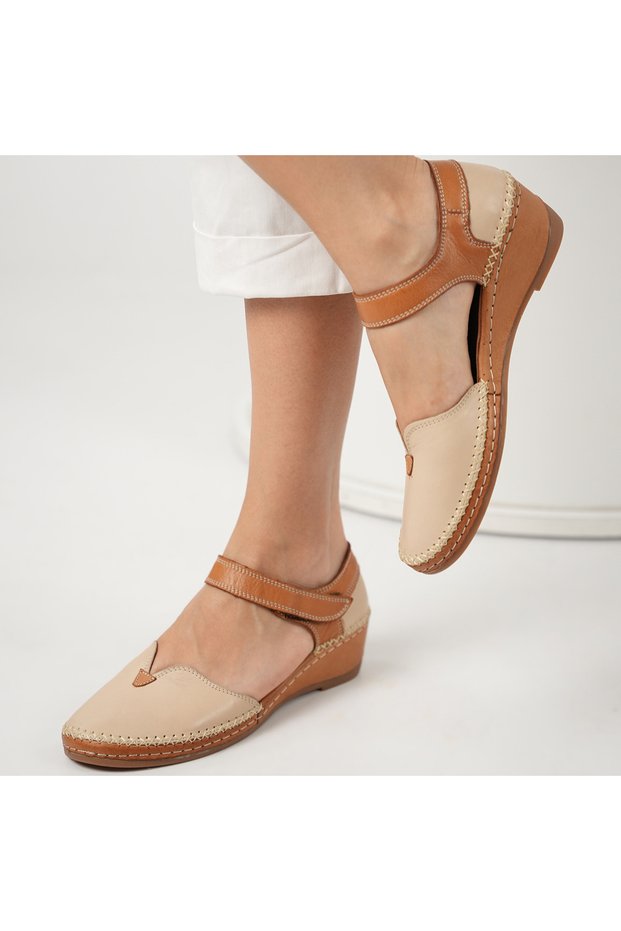 Amber Ankle Velcro Beige Brown Genuine Leather Women's Casual Shoes – Rubber Platform Sole