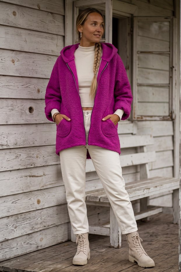 Italian Fuchsia Hooded Long Sleeve Zippered Pocket Boucle Back Long Oversize Woven Coat 70 80