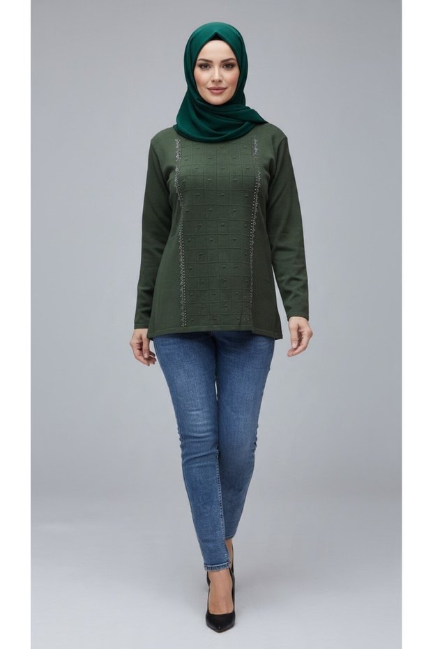 Women's Middle-Aged and Older Women's Crew-Neck Lycra Tricot Blouse with Stone Accents on the Sides