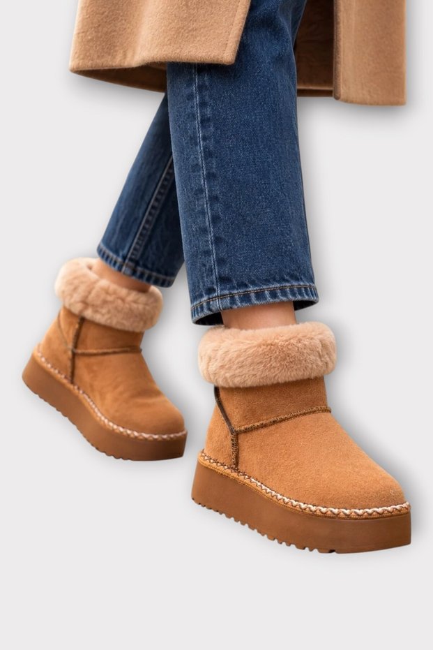 Embroidery Detail Short Mini Women's Boots with Fur Inside and Ankle Area Taba