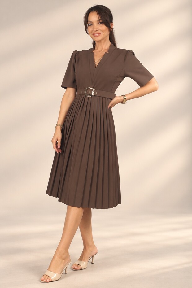 Women's V-Neck Skirt Pleated Short Sleeve Crepe Dress